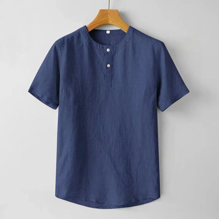 Buddha Stones Summer Men's Solid Color Button Short Sleeve Cotton Linen Shirt