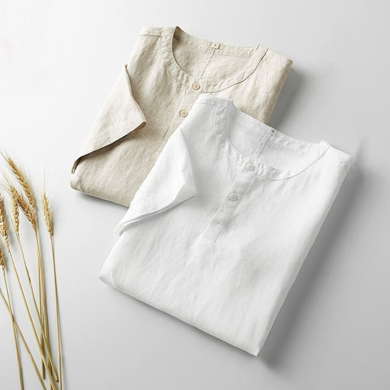 Buddha Stones Summer Men's Solid Color Button Short Sleeve Cotton Linen Shirt - image 1