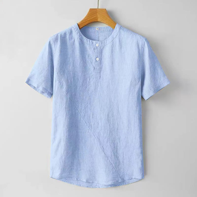 Buddha Stones Summer Men's Solid Color Button Short Sleeve Cotton Linen Shirt