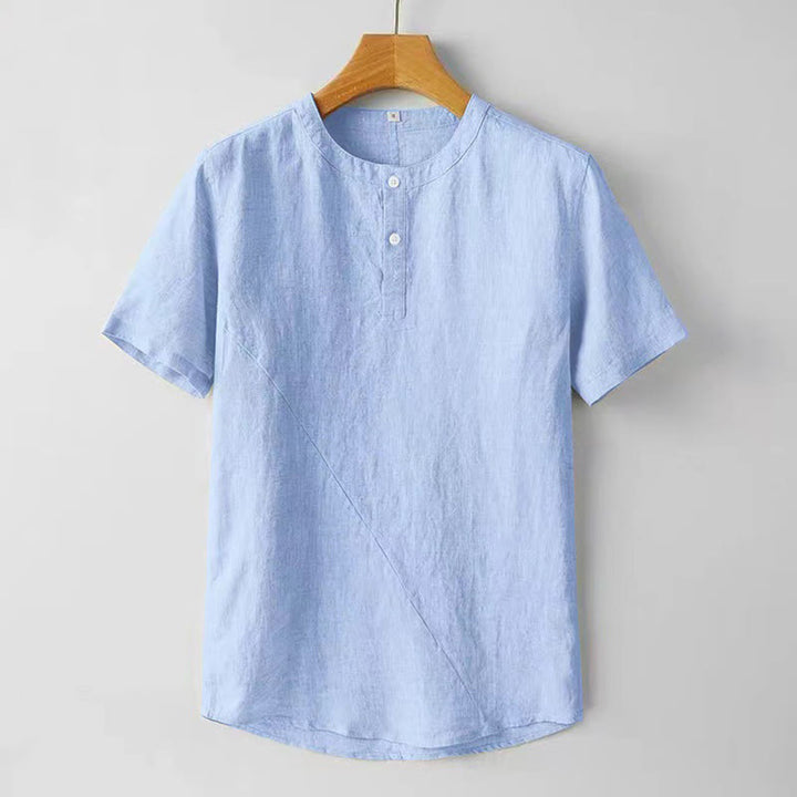 Buddha Stones Summer Men's Solid Color Button Short Sleeve Cotton Linen Shirt