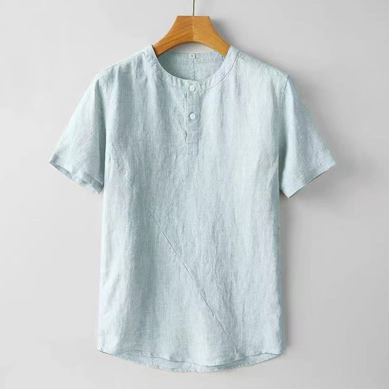 Buddha Stones Summer Men's Solid Color Button Short Sleeve Cotton Linen Shirt