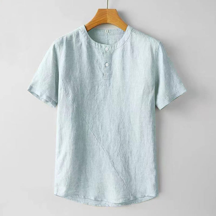 Buddha Stones Summer Men's Solid Color Button Short Sleeve Cotton Linen Shirt
