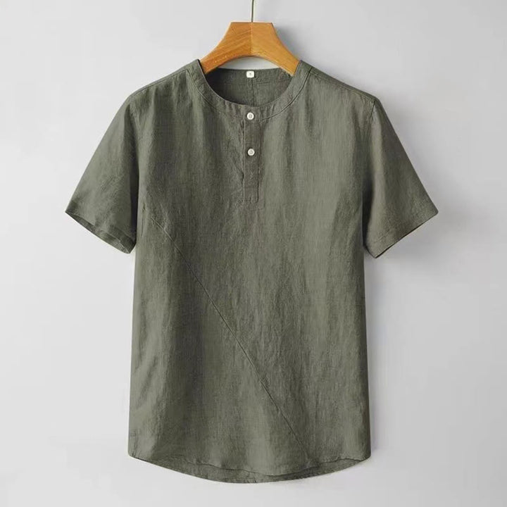 Buddha Stones Summer Men's Solid Color Button Short Sleeve Cotton Linen Shirt
