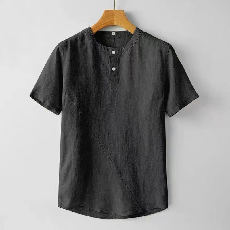 Buddha Stones Summer Men's Solid Color Button Short Sleeve Cotton Linen Shirt