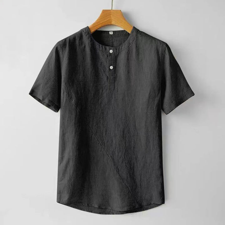 Buddha Stones Summer Men's Solid Color Button Short Sleeve Cotton Linen Shirt