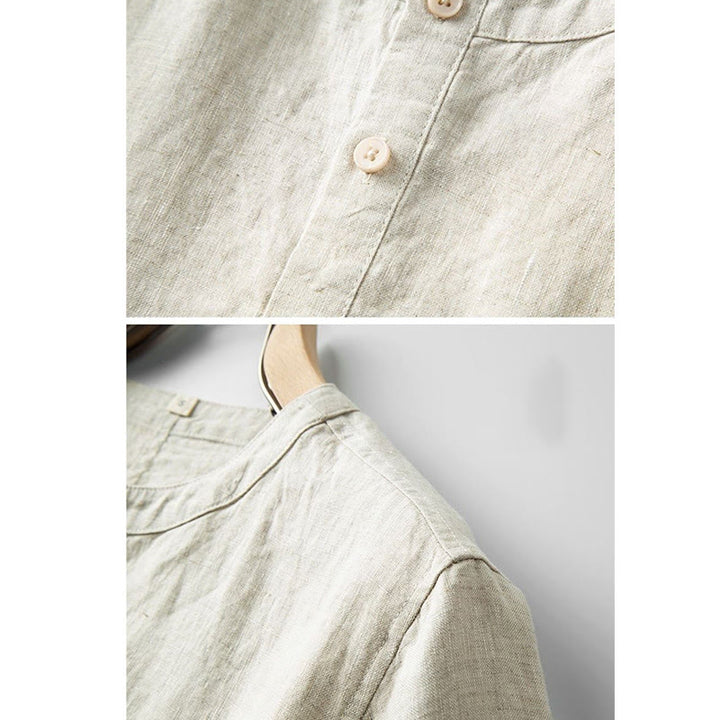 Buddha Stones Summer Men's Solid Color Button Short Sleeve Cotton Linen Shirt