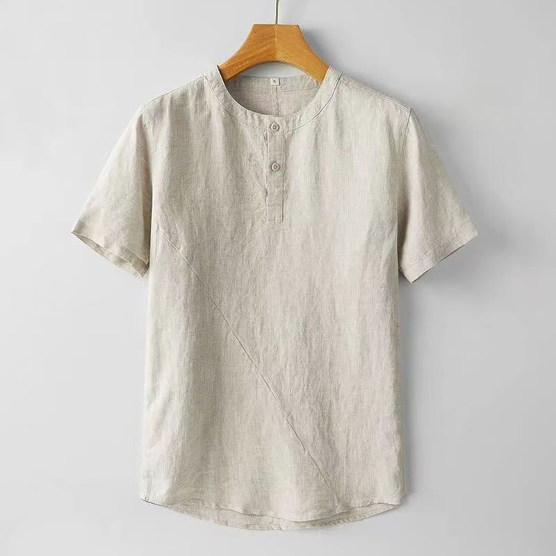 Buddha Stones Summer Men's Solid Color Button Short Sleeve Cotton Linen Shirt - Linen - US/UK/AU48，EU58 (4XL) - image 0