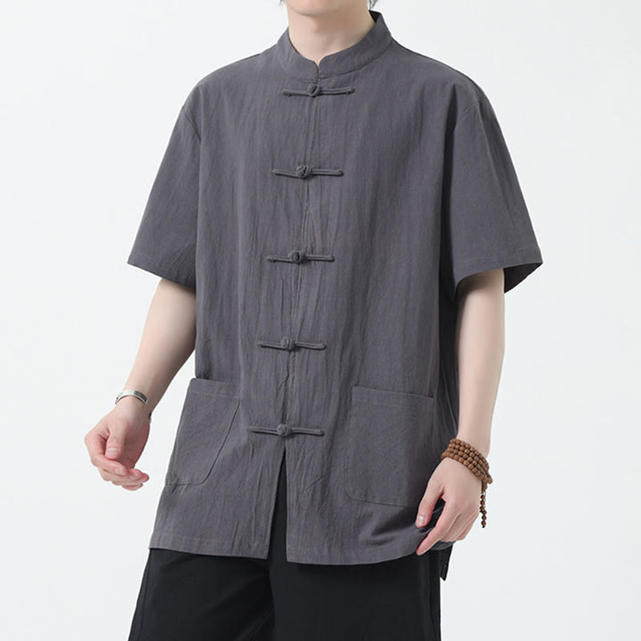 Buddha Stones Frog-Button Chinese Tang Suit Short Sleeve Shirt Linen Men Clothing With Pockets - Gray - US/UK/AU46，EU56 (5XL) - image 14