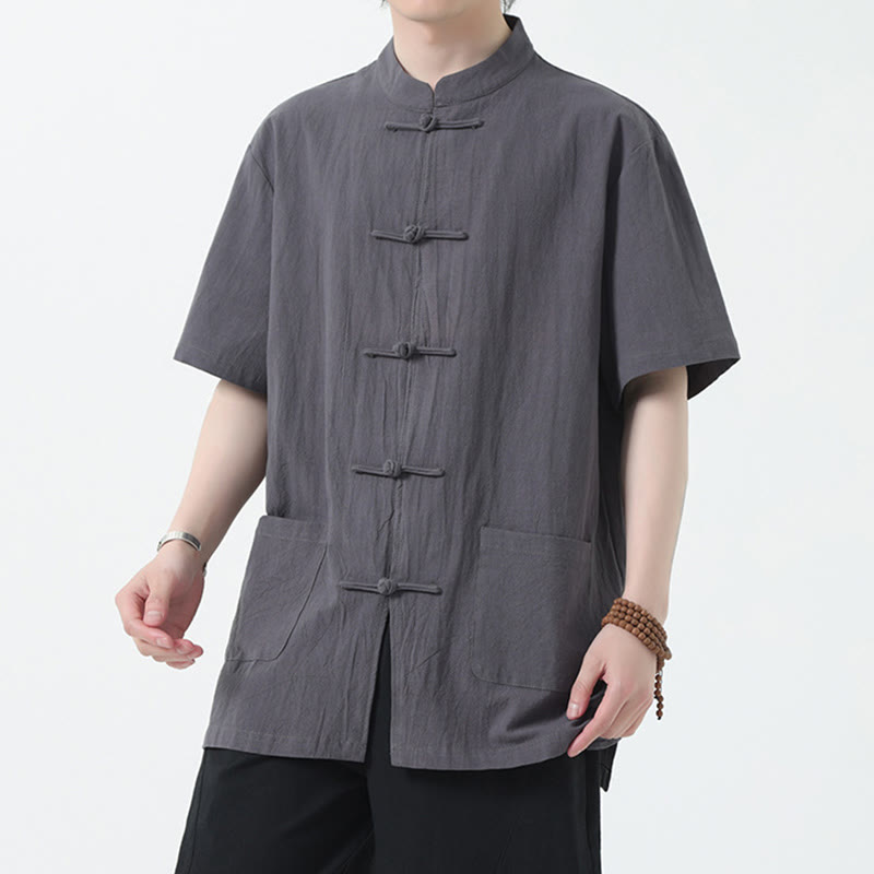Buddha Stones Frog-Button Chinese Tang Suit Short Sleeve Shirt Linen Men Clothing With Pockets - Gray - US/UK/AU46，EU56 (5XL) - image 13