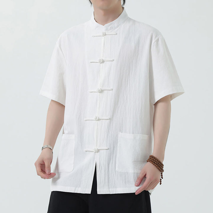 Buddha Stones Frog-Button Chinese Tang Suit Short Sleeve Shirt Linen Men Clothing With Pockets - White - US/UK/AU46，EU56 (5XL) - image 1