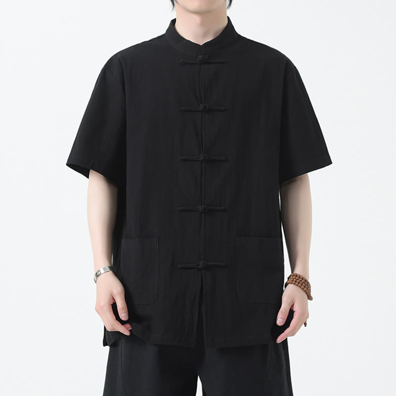 Buddha Stones Frog-Button Chinese Tang Suit Short Sleeve Shirt Linen Men Clothing With Pockets - Black - US/UK/AU46，EU56 (5XL) - image 4