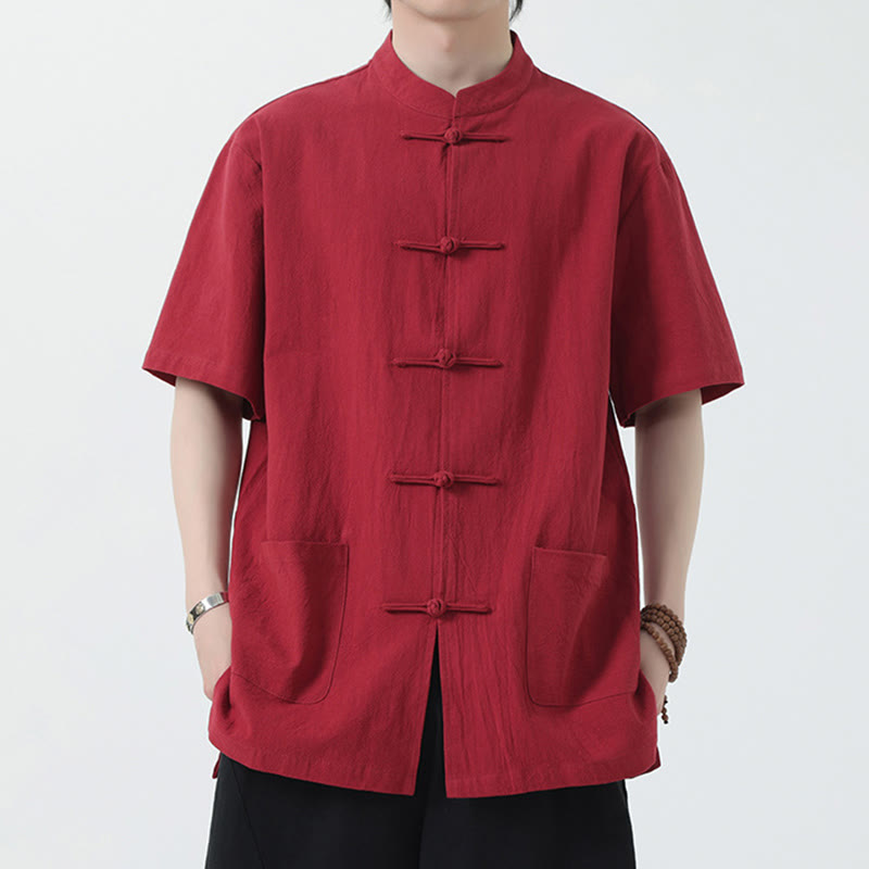 Buddha Stones Frog-Button Chinese Tang Suit Short Sleeve Shirt Linen Men Clothing With Pockets - Red - US/UK/AU44，EU54 (5XL) - image 1
