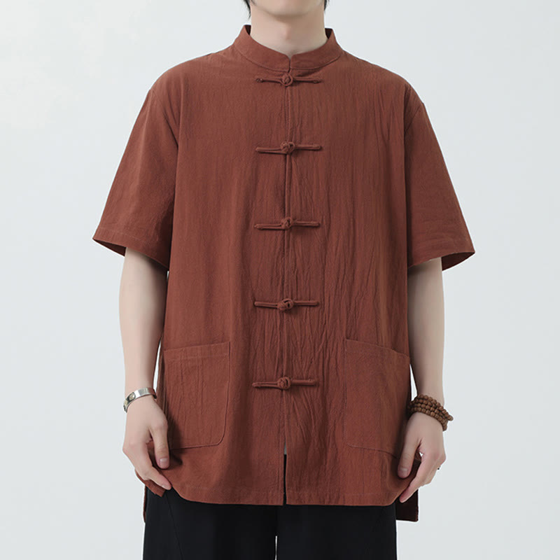 Buddha Stones Frog-Button Chinese Tang Suit Short Sleeve Shirt Linen Men Clothing With Pockets