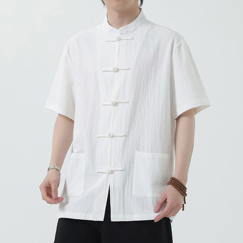 Buddha Stones Frog-Button Chinese Tang Suit Short Sleeve Shirt Linen Men Clothing With Pockets - White - US/UK/AU44，EU54 (5XL) - image 0