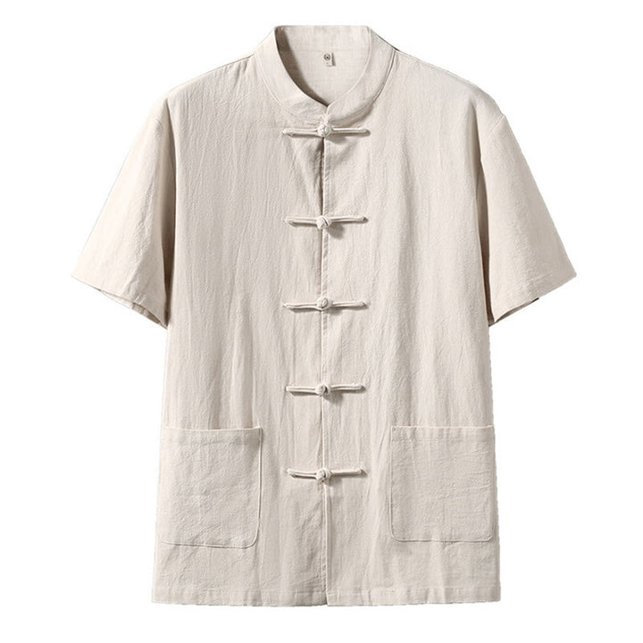 Buddha Stones Frog-Button Chinese Tang Suit Short Sleeve Shirt Linen Men Clothing With Pockets - Linen - US/UK/AU46，EU56 (5XL) - image 8
