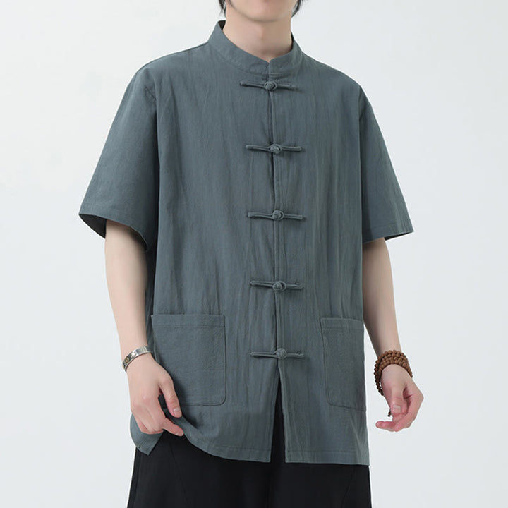 Buddha Stones Frog-Button Chinese Tang Suit Short Sleeve Shirt Linen Men Clothing With Pockets - image 8