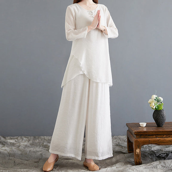 Buddha Stones 2Pcs Frog-Button Long Sleeve Shirt Wide Leg Pants Meditation Cotton Linen Clothing