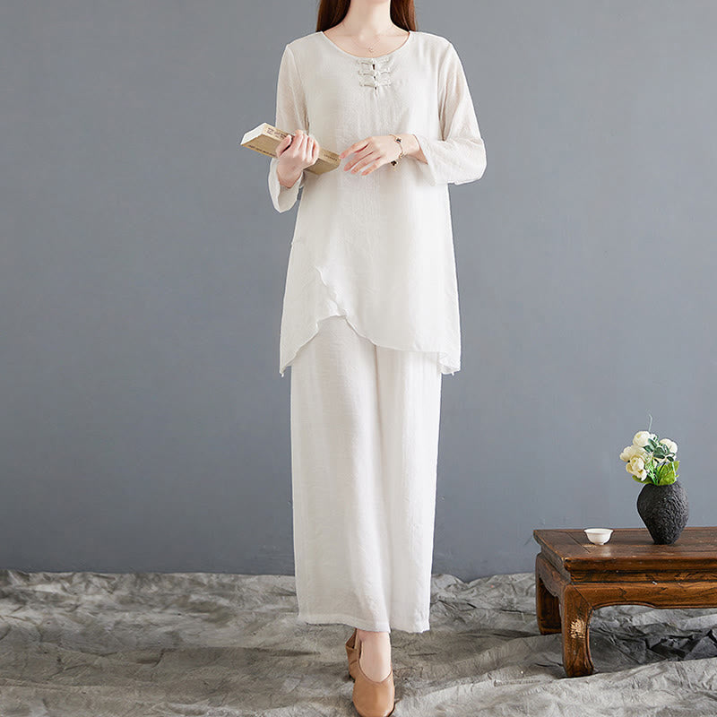 Buddha Stones 2Pcs Frog-Button Long Sleeve Shirt Wide Leg Pants Meditation Cotton Linen Clothing