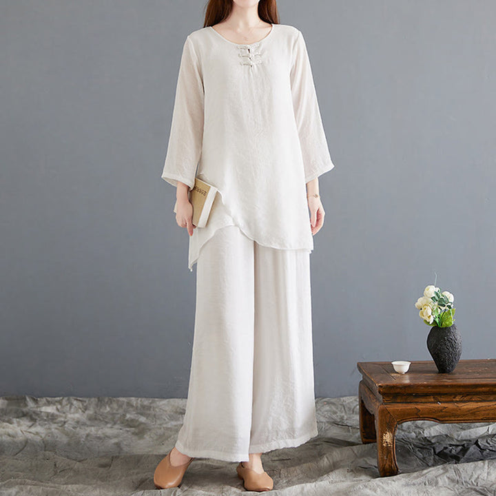 Buddha Stones 2Pcs Frog-Button Long Sleeve Shirt Wide Leg Pants Meditation Cotton Linen Clothing