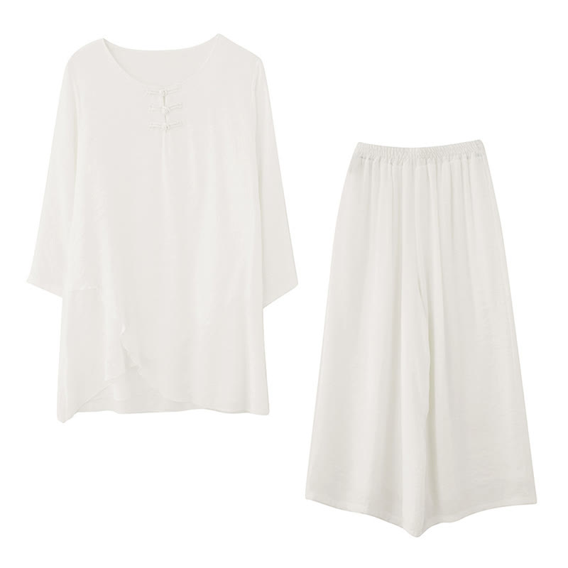 Buddha Stones 2Pcs Frog-Button Long Sleeve Shirt Wide Leg Pants Meditation Cotton Linen Clothing - image 13