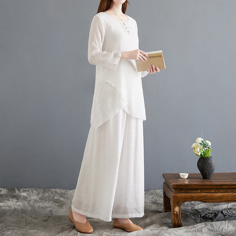 Buddha Stones 2Pcs Frog-Button Long Sleeve Shirt Wide Leg Pants Meditation Cotton Linen Clothing