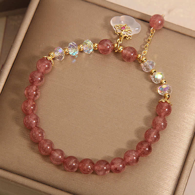 Buddha Stones Natural Strawberry Quartz Crystal White Agate Auspicious Cloud Healing Bracelet