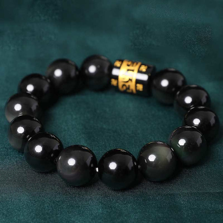 Buddha Stones Rainbow Obsidian Om Mani Padme Hum Swastika Positive Bracelet