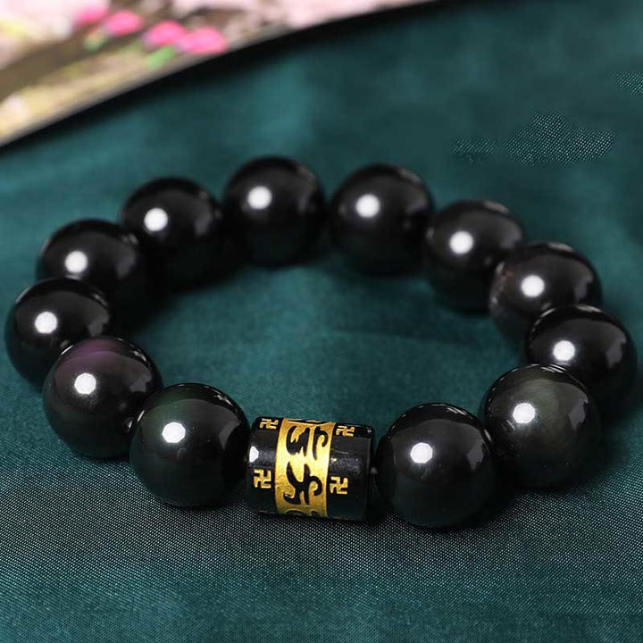 Buddha Stones Rainbow Obsidian Om Mani Padme Hum Swastika Positive Bracelet