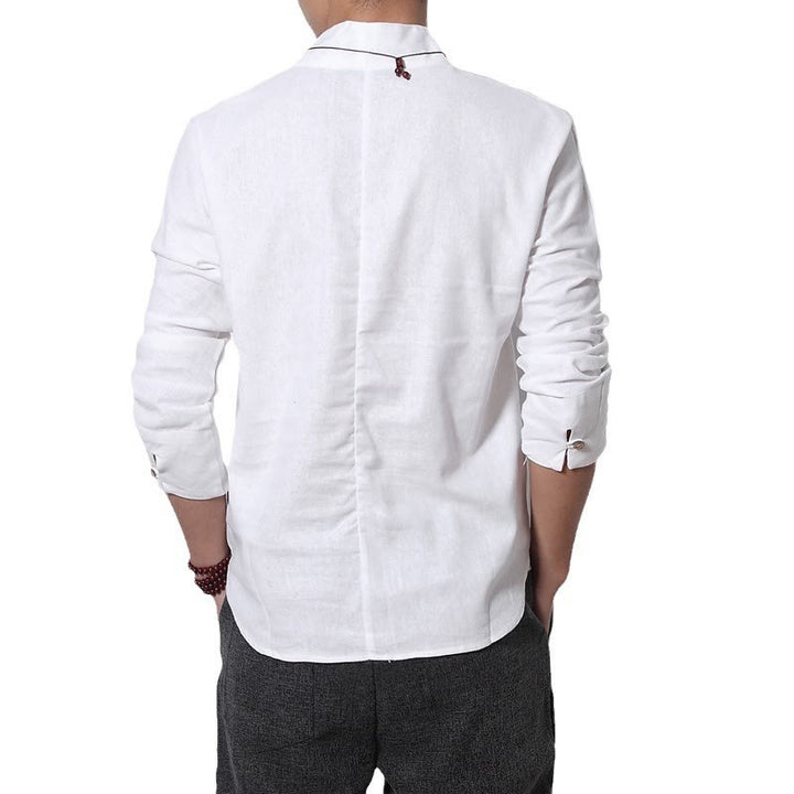 Buddha Stones Casual V-Neck Long Sleeve Shirt Linen Men Clothing