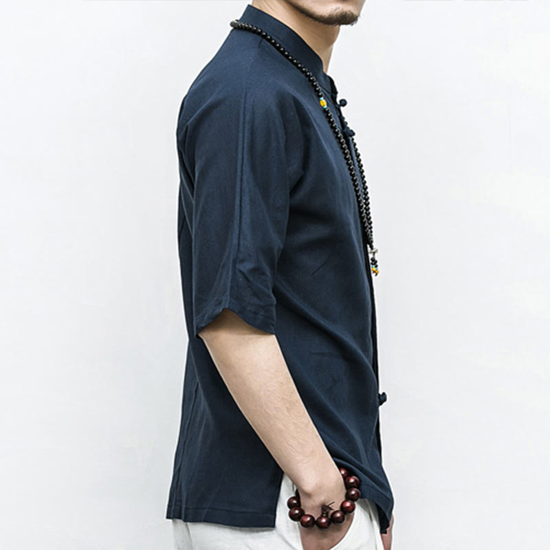 Buddha Stones Chinese Frog-Button Tang Suit Zen Half Sleeve Shirt Linen Men Clothing - image 4
