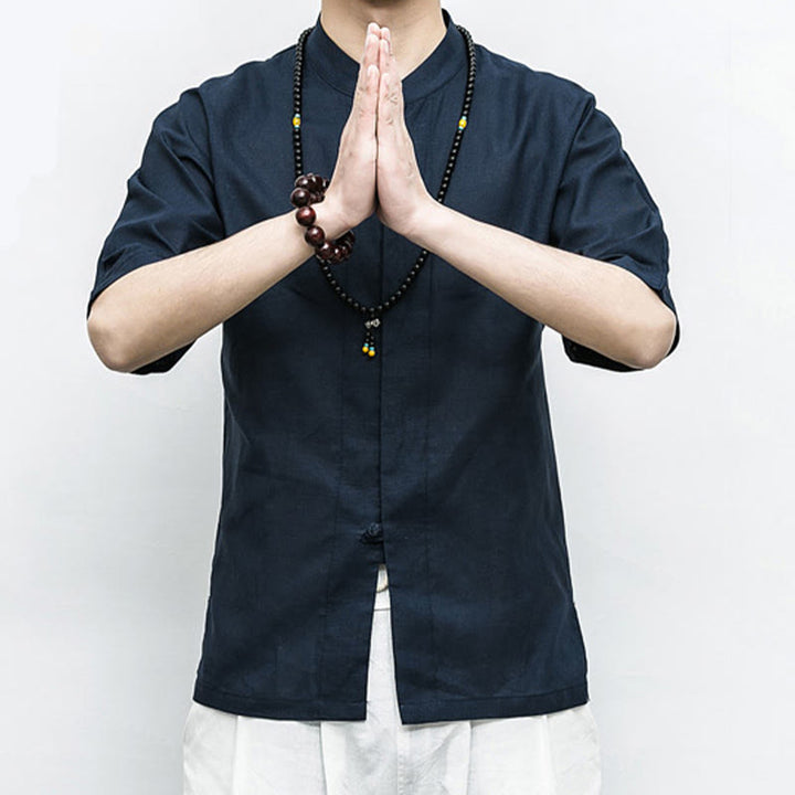 Buddha Stones Chinese Frog-Button Tang Suit Zen Half Sleeve Shirt Linen Men Clothing - image 3