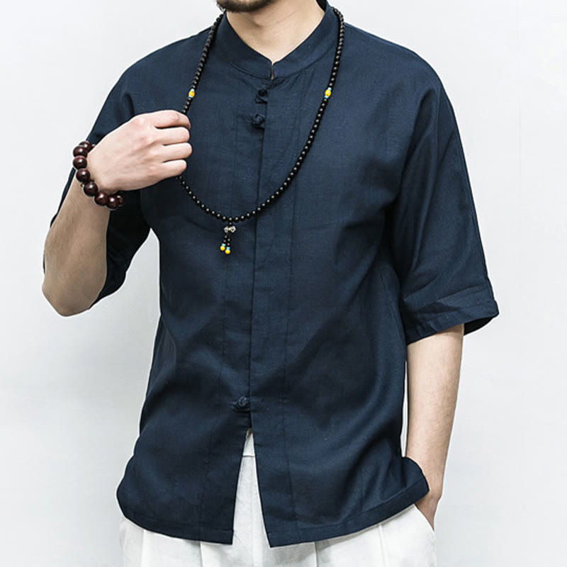 Buddha Stones Chinese Frog-Button Tang Suit Zen Half Sleeve Shirt Linen Men Clothing - image 1