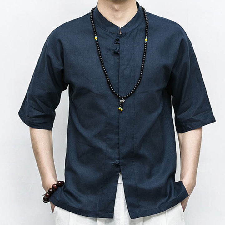 Buddha Stones Chinese Frog-Button Tang Suit Zen Half Sleeve Shirt Linen Men Clothing - image 5