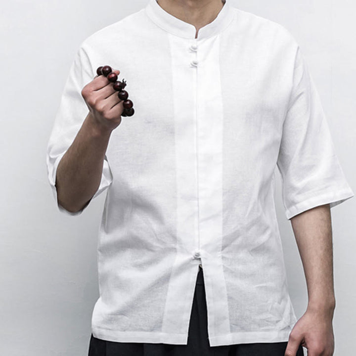 Buddha Stones Chinese Frog-Button Tang Suit Zen Half Sleeve Shirt Linen Men Clothing - image 12