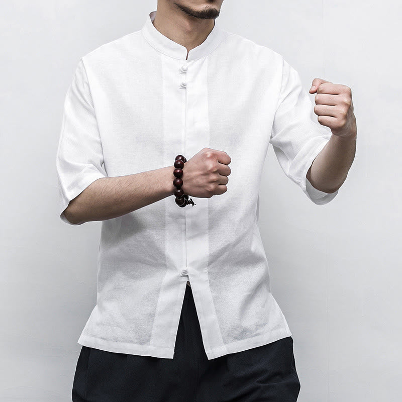 Buddha Stones Chinese Frog-Button Tang Suit Zen Half Sleeve Shirt Linen Men Clothing - image 11