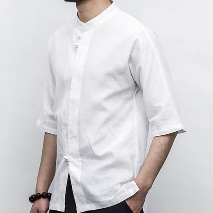 Buddha Stones Chinese Frog-Button Tang Suit Zen Half Sleeve Shirt Linen Men Clothing - image 8