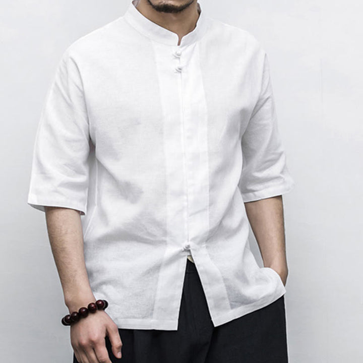 Buddha Stones Chinese Frog-Button Tang Suit Zen Half Sleeve Shirt Linen Men Clothing - image 9