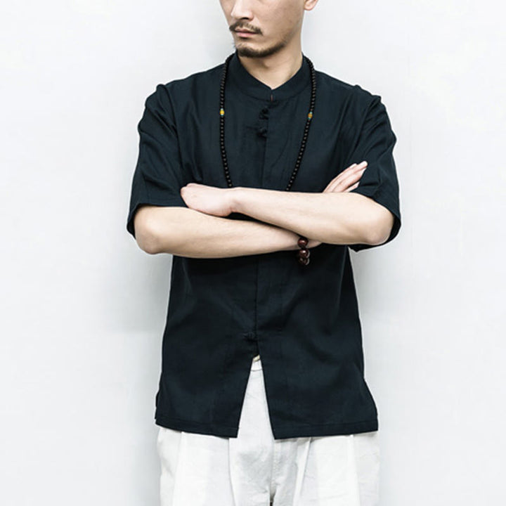 Buddha Stones Chinese Frog-Button Tang Suit Zen Half Sleeve Shirt Linen Men Clothing - image 17