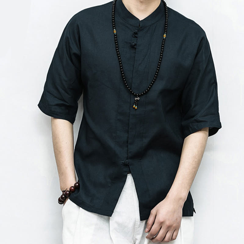 Buddha Stones Chinese Frog-Button Tang Suit Zen Half Sleeve Shirt Linen Men Clothing - image 14
