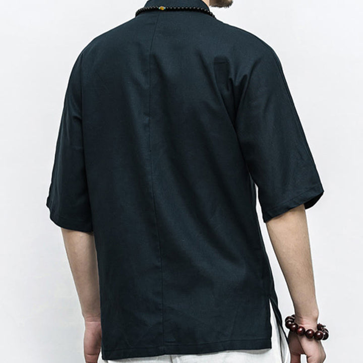 Buddha Stones Chinese Frog-Button Tang Suit Zen Half Sleeve Shirt Linen Men Clothing - image 15