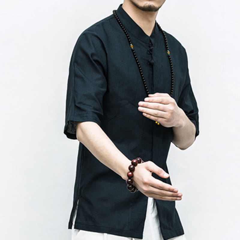 Buddha Stones Chinese Frog-Button Tang Suit Zen Half Sleeve Shirt Linen Men Clothing - image 16