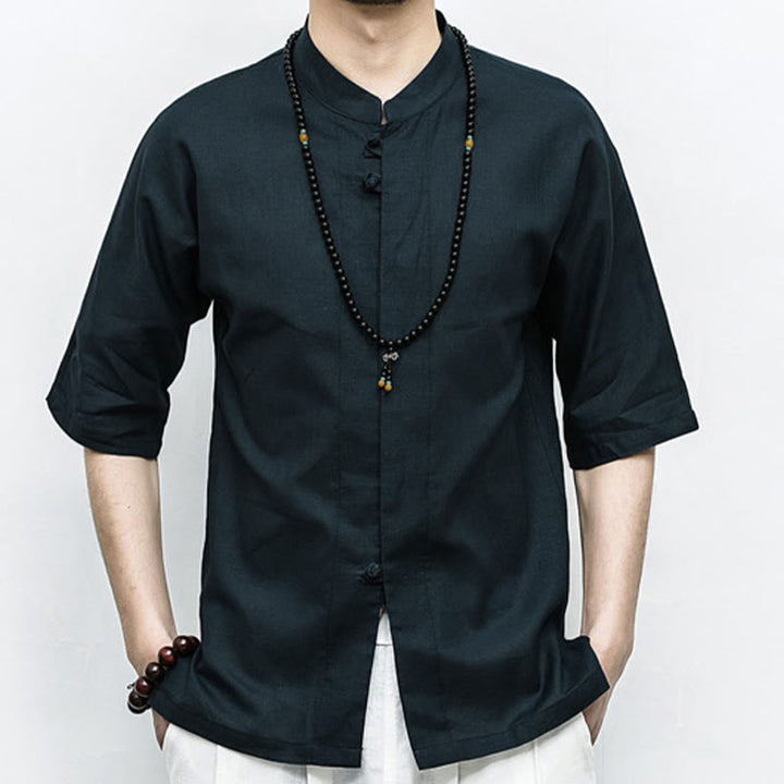 Buddha Stones Chinese Frog-Button Tang Suit Zen Half Sleeve Shirt Linen Men Clothing - Black - US/UK/AU46，EU56 (5XL)  - image 13