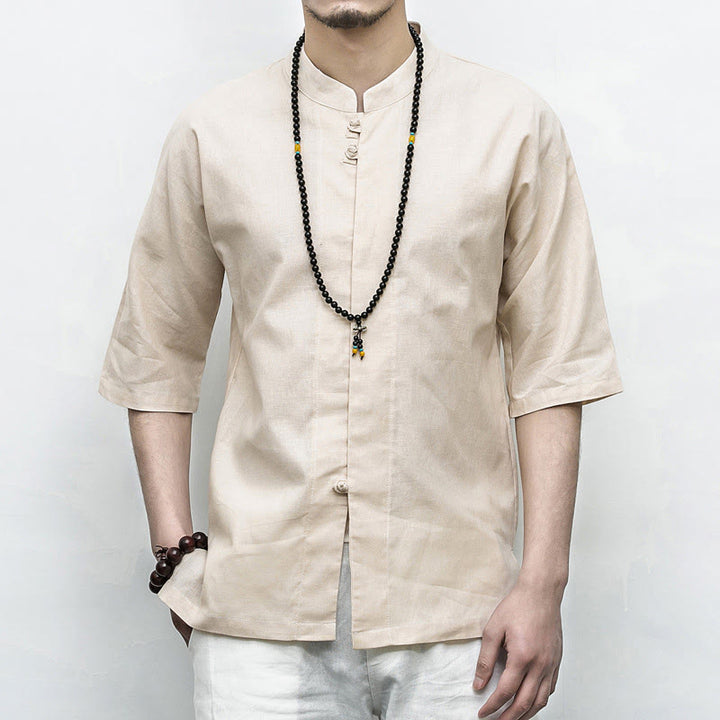 Buddha Stones Chinese Frog-Button Tang Suit Zen Half Sleeve Shirt Linen Men Clothing - Linen - US/UK/AU46，EU56 (5XL)  - image 18