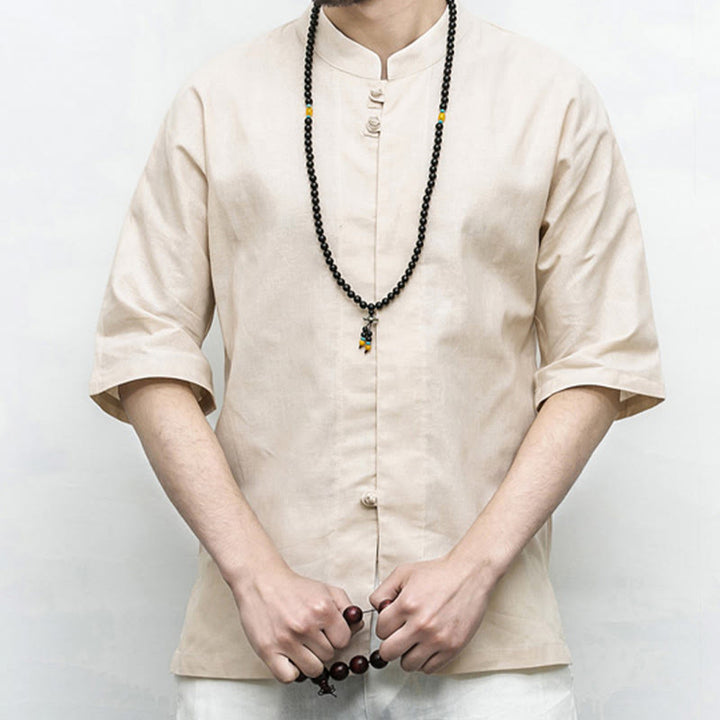 Buddha Stones Chinese Frog-Button Tang Suit Zen Half Sleeve Shirt Linen Men Clothing - image 19