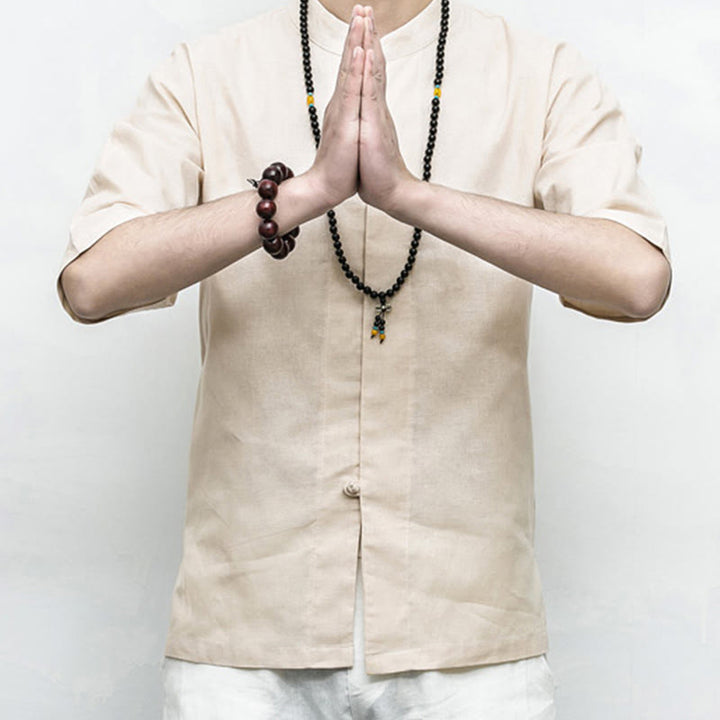 Buddha Stones Chinese Frog-Button Tang Suit Zen Half Sleeve Shirt Linen Men Clothing - image 20
