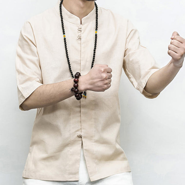 Buddha Stones Chinese Frog-Button Tang Suit Zen Half Sleeve Shirt Linen Men Clothing - image 22