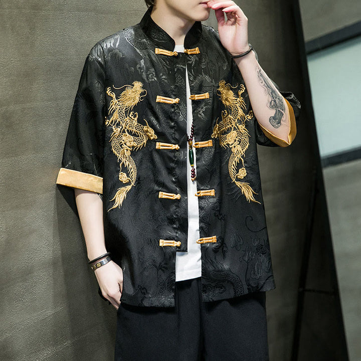 Buddha Stones Frog-Button Chinese Dragon Embroidery Half Sleeve Shirt Linen Men Clothing