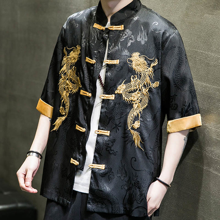 Buddha Stones Frog-Button Chinese Dragon Embroidery Half Sleeve Shirt Linen Men Clothing