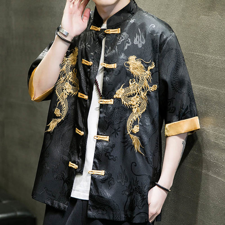 Buddha Stones Frog-Button Chinese Dragon Embroidery Half Sleeve Shirt Linen Men Clothing - image 7