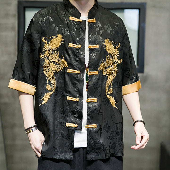 Buddha Stones Frog-Button Chinese Dragon Embroidery Half Sleeve Shirt Linen Men Clothing